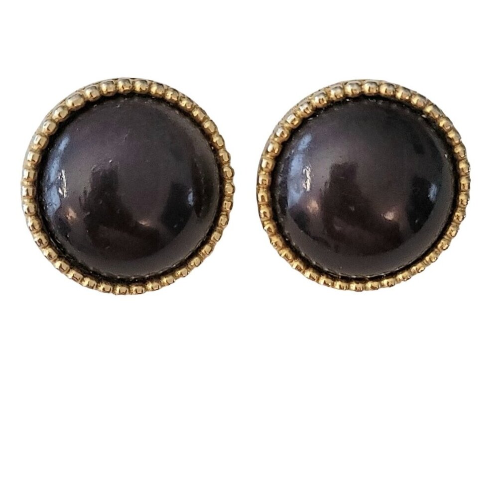 Ellen D Gold Tone Navy Plastic Button Clip On Earrings, Signed M131